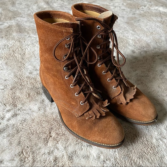 Laredo Shoes - Laredo Vintage Lace Up Leather Kiltie Roper Ankle Heeled Boots Brown 8.5